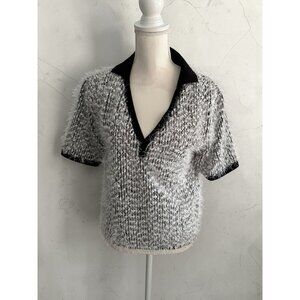 ZARA Black White Fuzzy Short Sleeve Top Size Medium